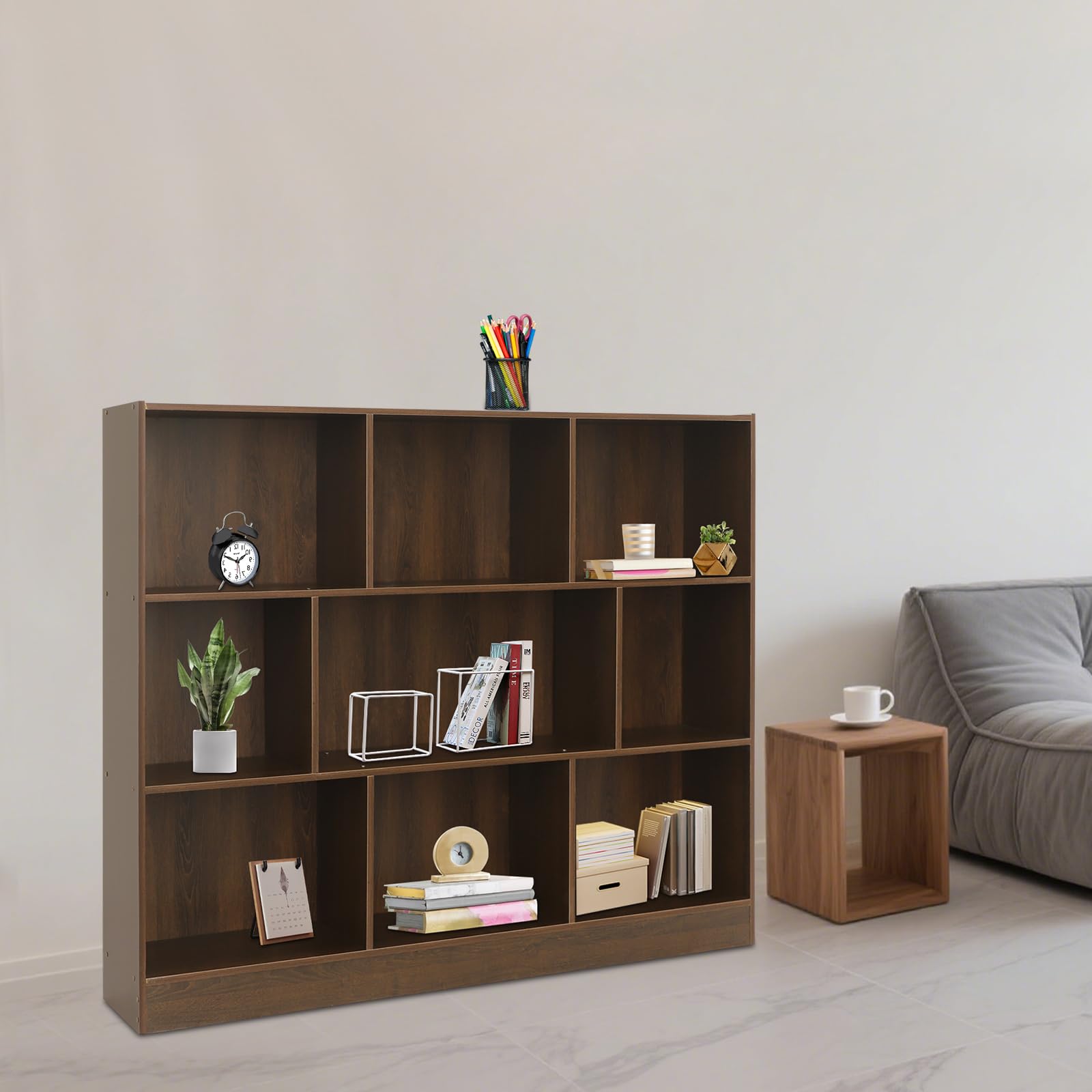 Regał na książki, do pokoju dziecięcego, z 8 otwartymi półkami, 120 x 23 x 100 cm, poziomy, regał na teczki, regał w kształcie kostki, do salonu, biura (ciemny dąb)