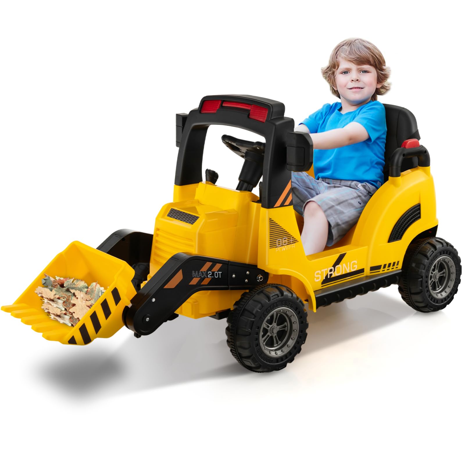 GYMAX Kids Ride on Excavator, 12V Battery Powered Toy Car with Adjustable Bucket, Music, Story, Horn, MP3, USB and Soft Start, Children Electric Construction Vehicle for 3-7 Years Old