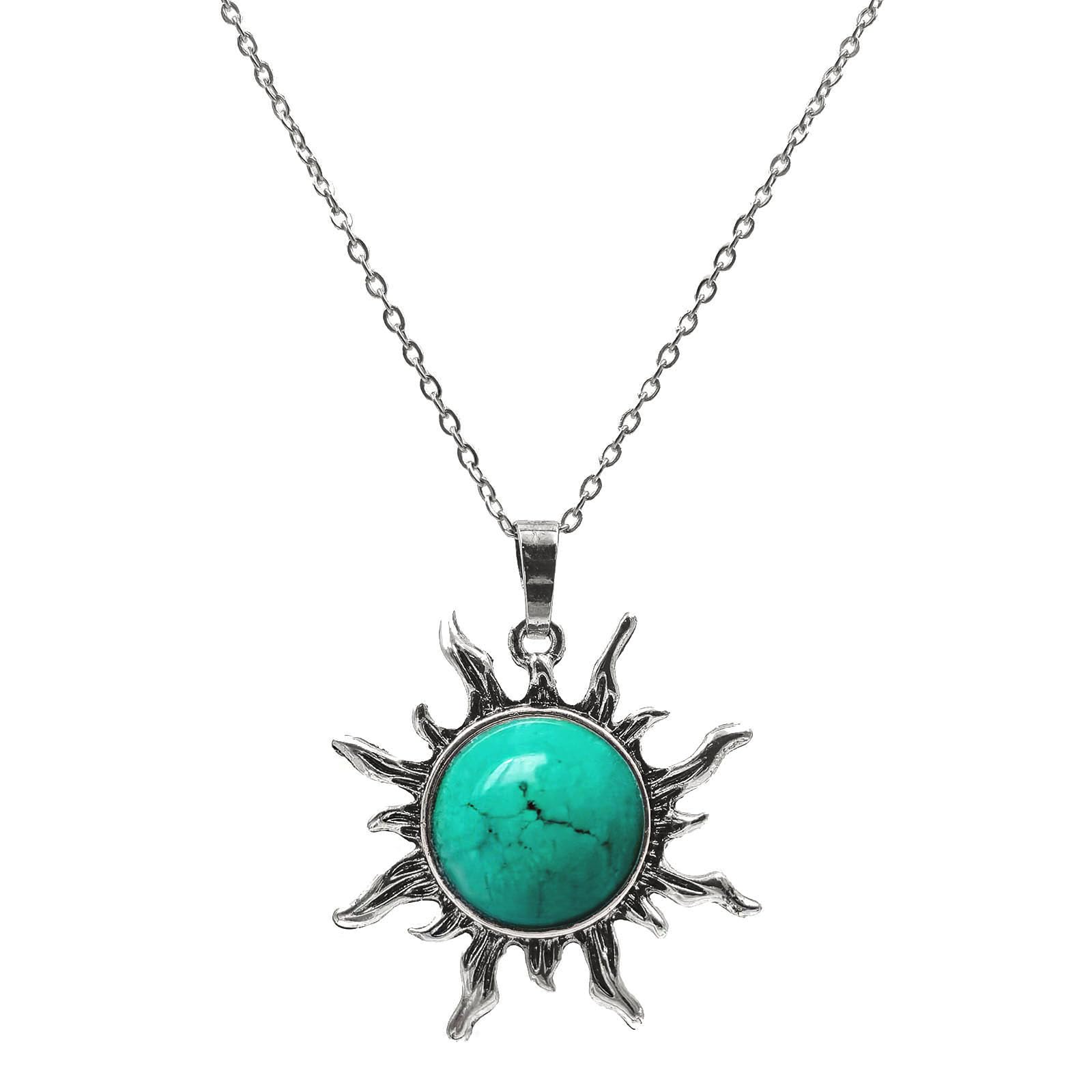 LadywowuTurquoise Necklace for Women, Boho Sun Pendant Necklace with Stainless Steel Chain, Handmade Spiritual Healing Stone Western Necklace for Women
