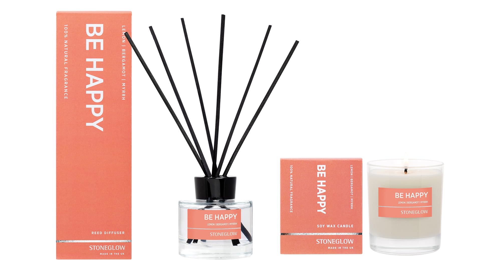 Stoneglow Wellbeing Bundle - Home Fragrance Set – Be Happy - Lemon, Bergamot & Myrrh Scented Candle Tumbler (90 X80mm) & Scented Reed Diffuser (140Ml)