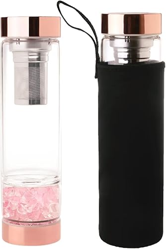 Miniatura 4 de Botella de agua de cristal delgado con infusión de piedra preciosa de oro rosa con funda protectora negra y 3 onzas de piedras de obsidiana