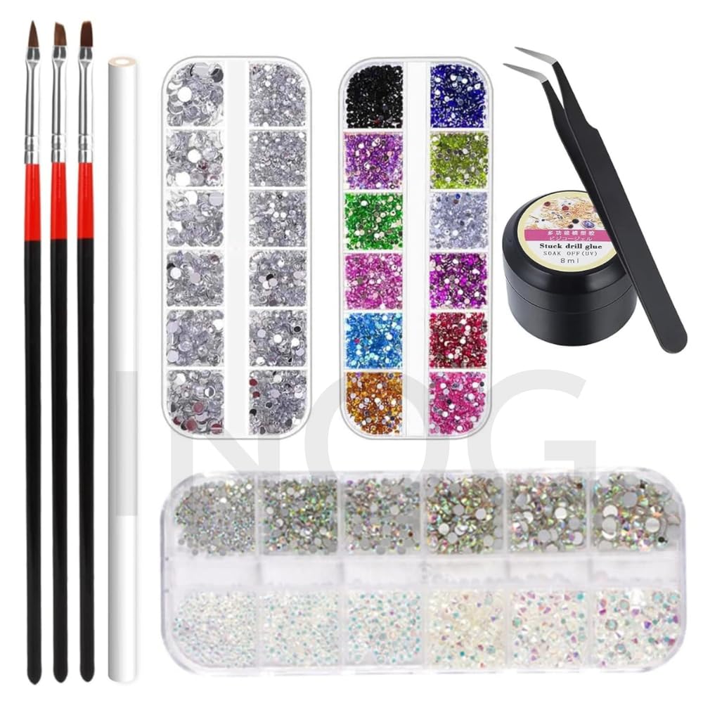 INOG Nail Art Rhinestones Kit 7200pcs 6 Sizes Nail Gems Flatback Rhinestones Gems Stones, with Rhinnestone Glue/Tweezers/Wax Pencil/Glue Brush (1.5-4.5 mm) for Nail Art Craft
