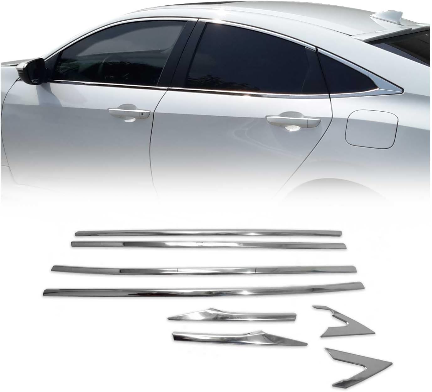 OMAC Window Molding Trim Streamer for Honda Civic 2016-21 Sedan Stainless Steel 8 Pcs