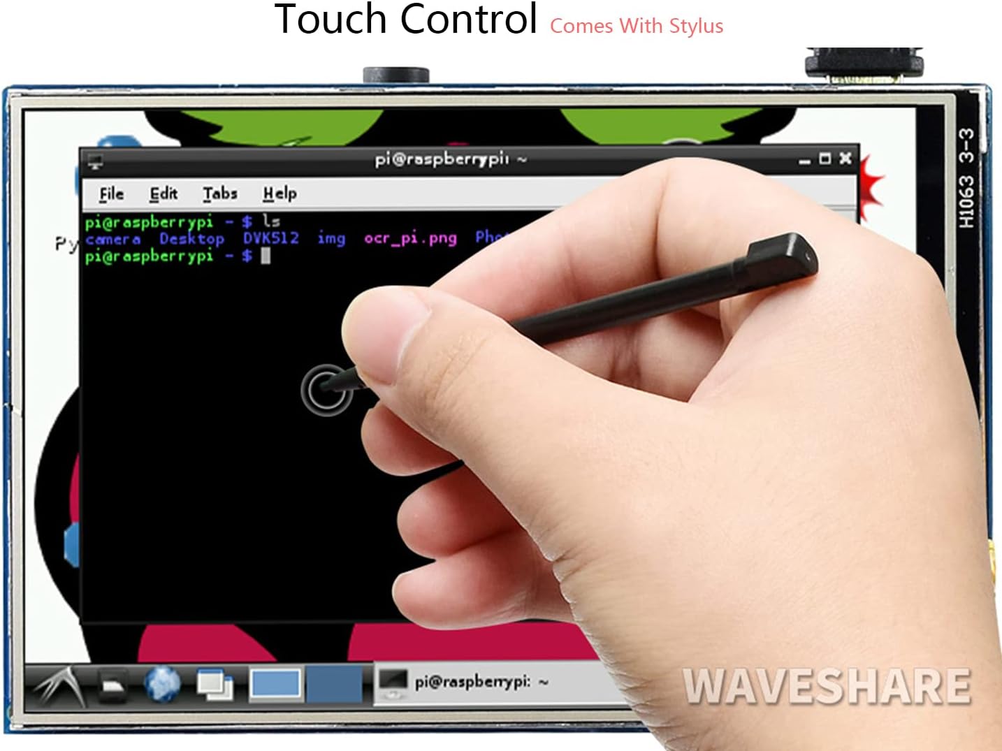 A hand holding a stylus interacting with the Waveshare 3.5-inch LCD, showing a command line interface.