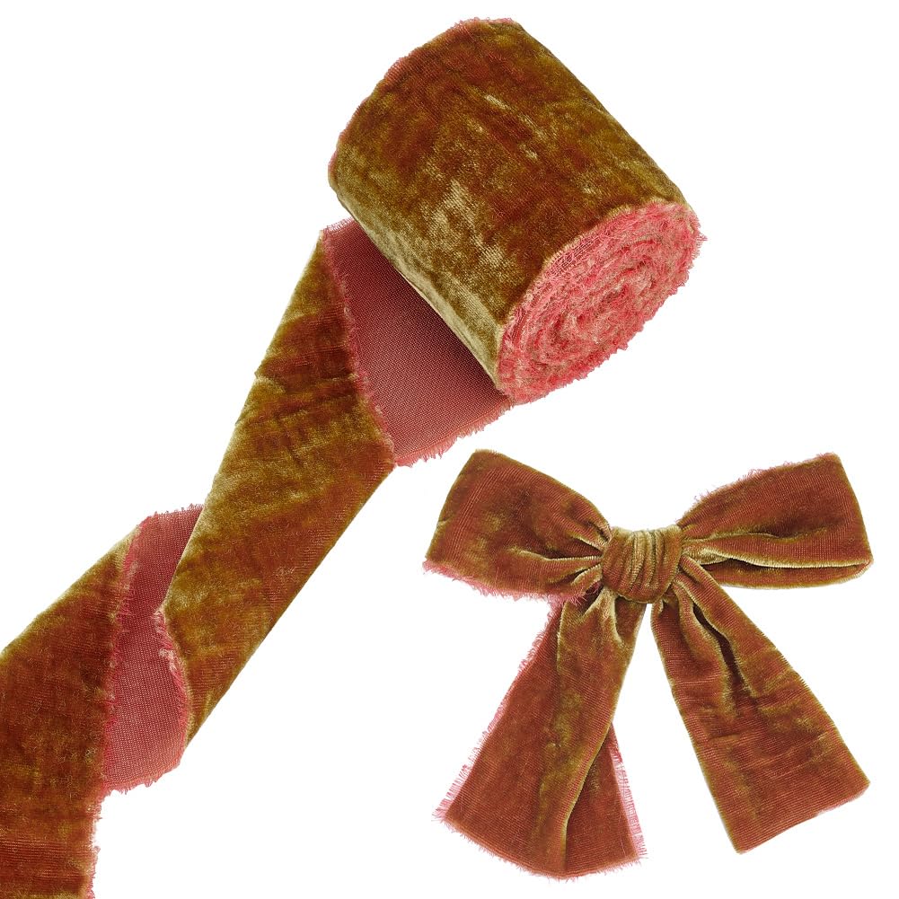 OLYCRAFT 2.7m Brown Silk Velvet Ribbon - 75mm Wide, 1mm Thick Raw Edge Frayed Ribbon for Wedding Invitations, DIY Crafts, Bouquet Decorations