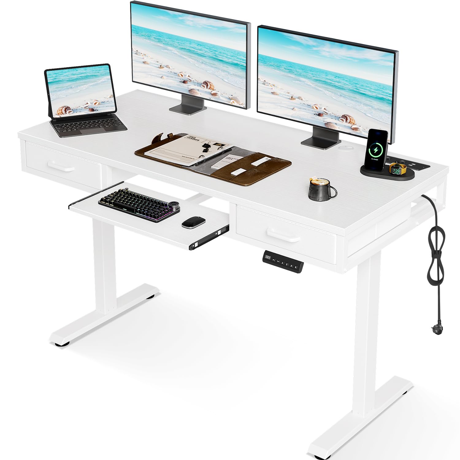 OffiGo Escritorio Elevable Electrico con Cajón, 120cm Mesa Elevable Escritorio con Bandeja para Teclado, Mesa Regulable Altura con Carga, Standing Desk, Negro The Forest Stewardship Council