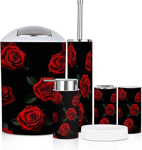 Juego de accesorios de baño, 6 piezas, hermoso patrón de rosas rojas, soporte para cepillos de dientes, vaso para cepillos de dientes, dispensador