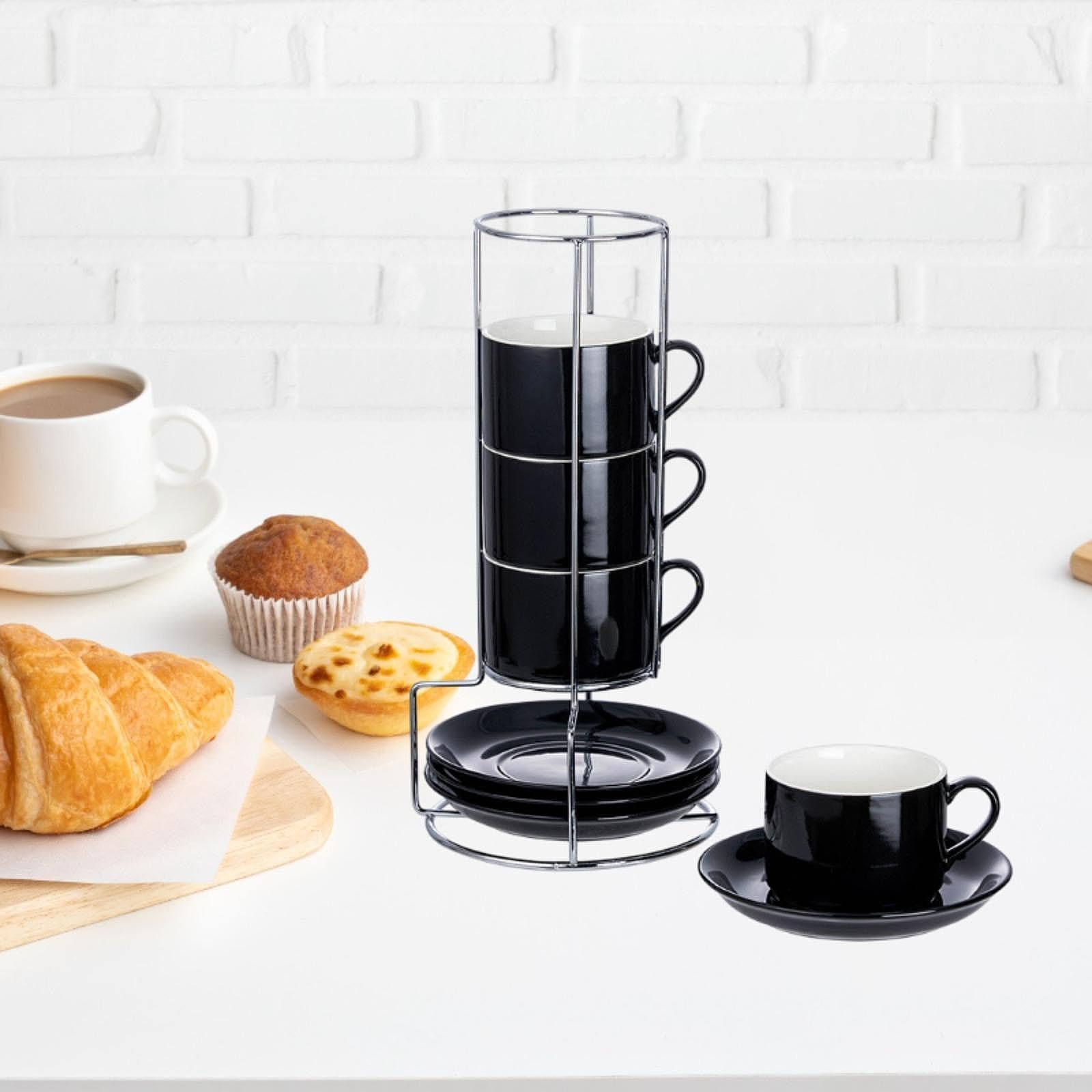 Tazas de Cerámica para Espresso con Platillos Y Soporte de Metal, Ahorran Espacio, Tazas de Espresso, Tazas de Café, Tazas de para Té Y, 5 onzas