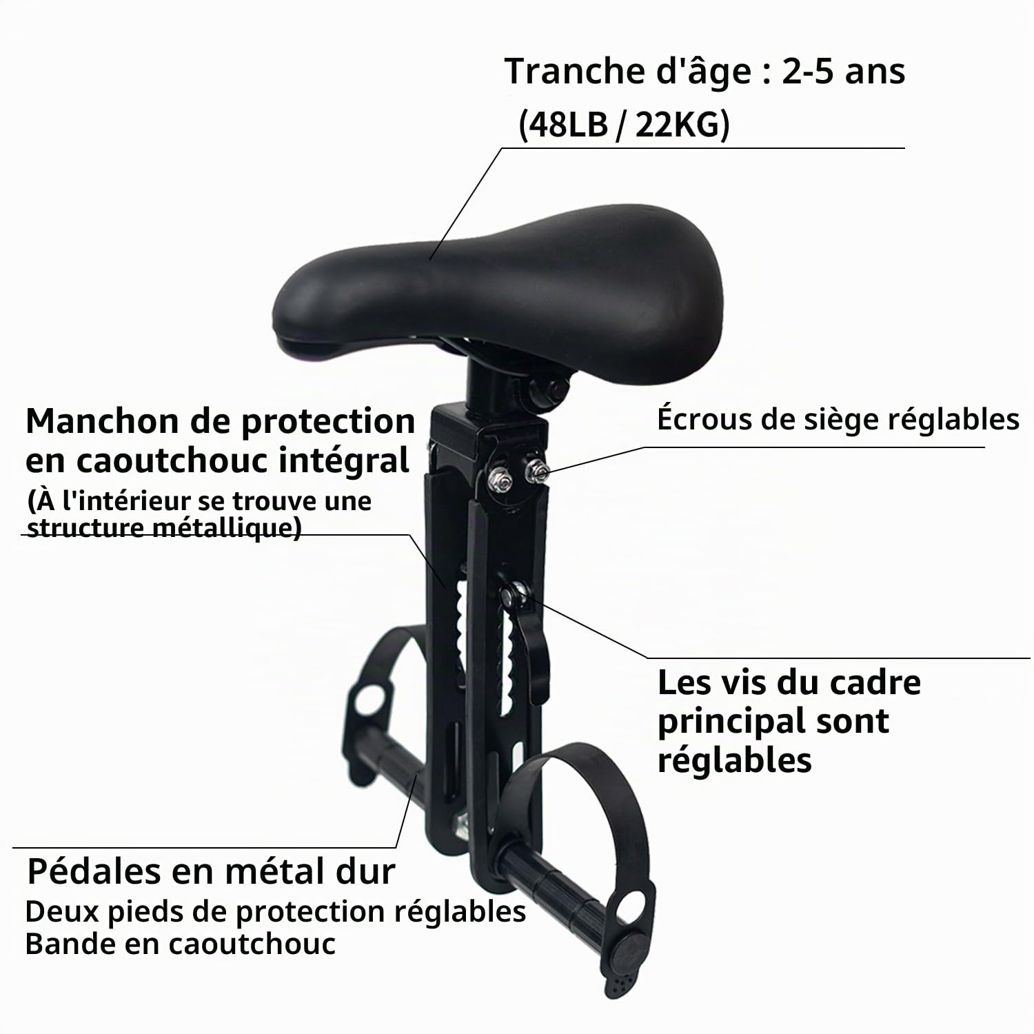 Siège de vélo avant pour enfants avec fixation de guidon, siège de vélo pour enfants de 2 à 5 ans, siège de vélo amovible pour tous les vélos de montagne (jusqu'à 21,8 kg)
