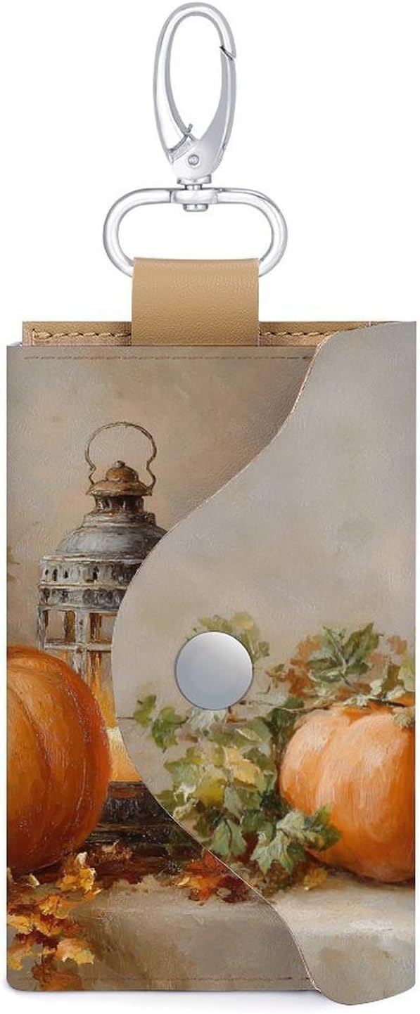 Autumn Pumpkins Candles Vintage Lanterns Key Holder Bag PU Leather ID Card Holder Keychains Case Cover for Men Women