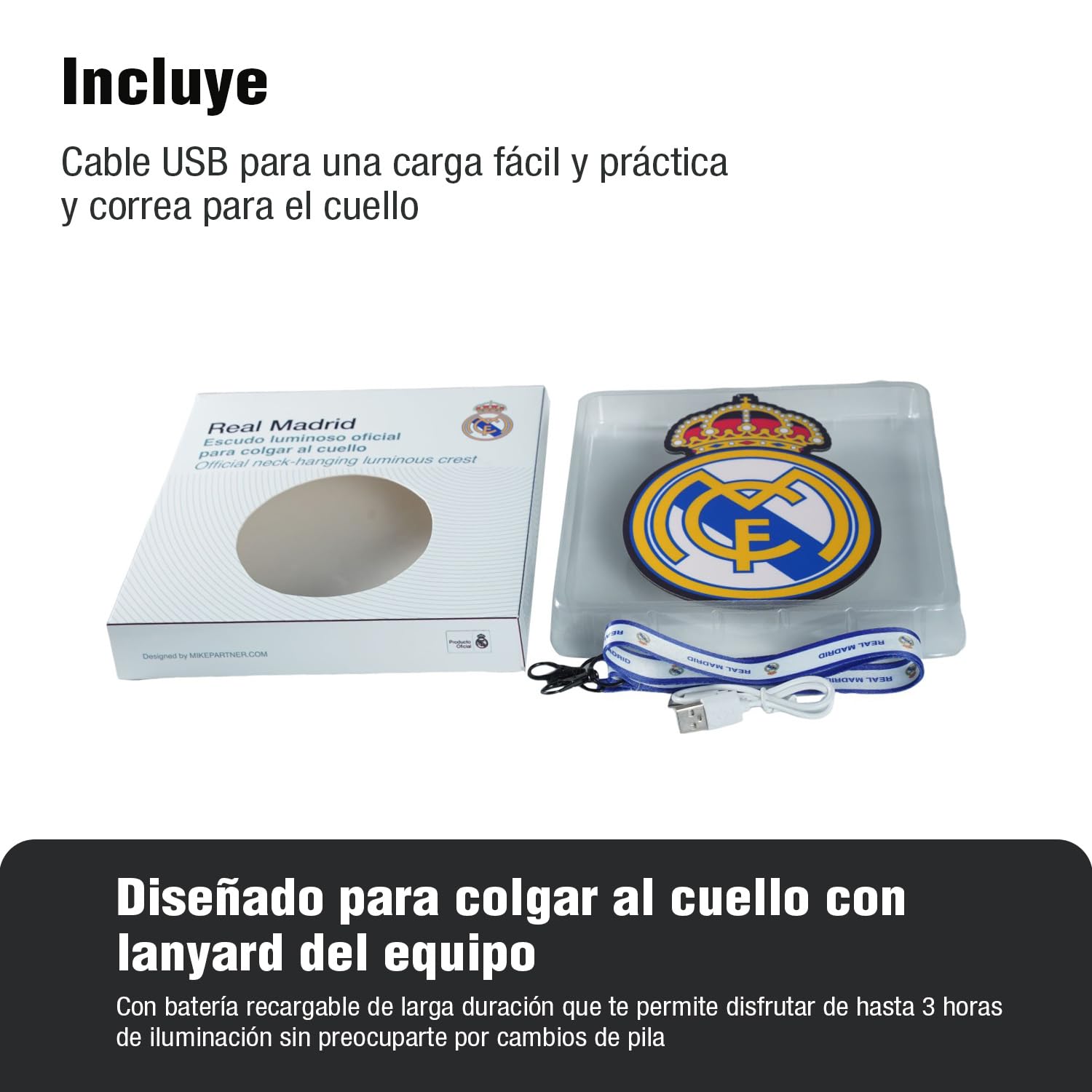 Escudo Luminoso Colgante con Lanyard, Producto Oficial, Real Madrid, Barça, Valencia F.C., Benfica, Batería Recargable, 3 Modos de Luz Electroluminiscente, para Hinchas del Fútbol