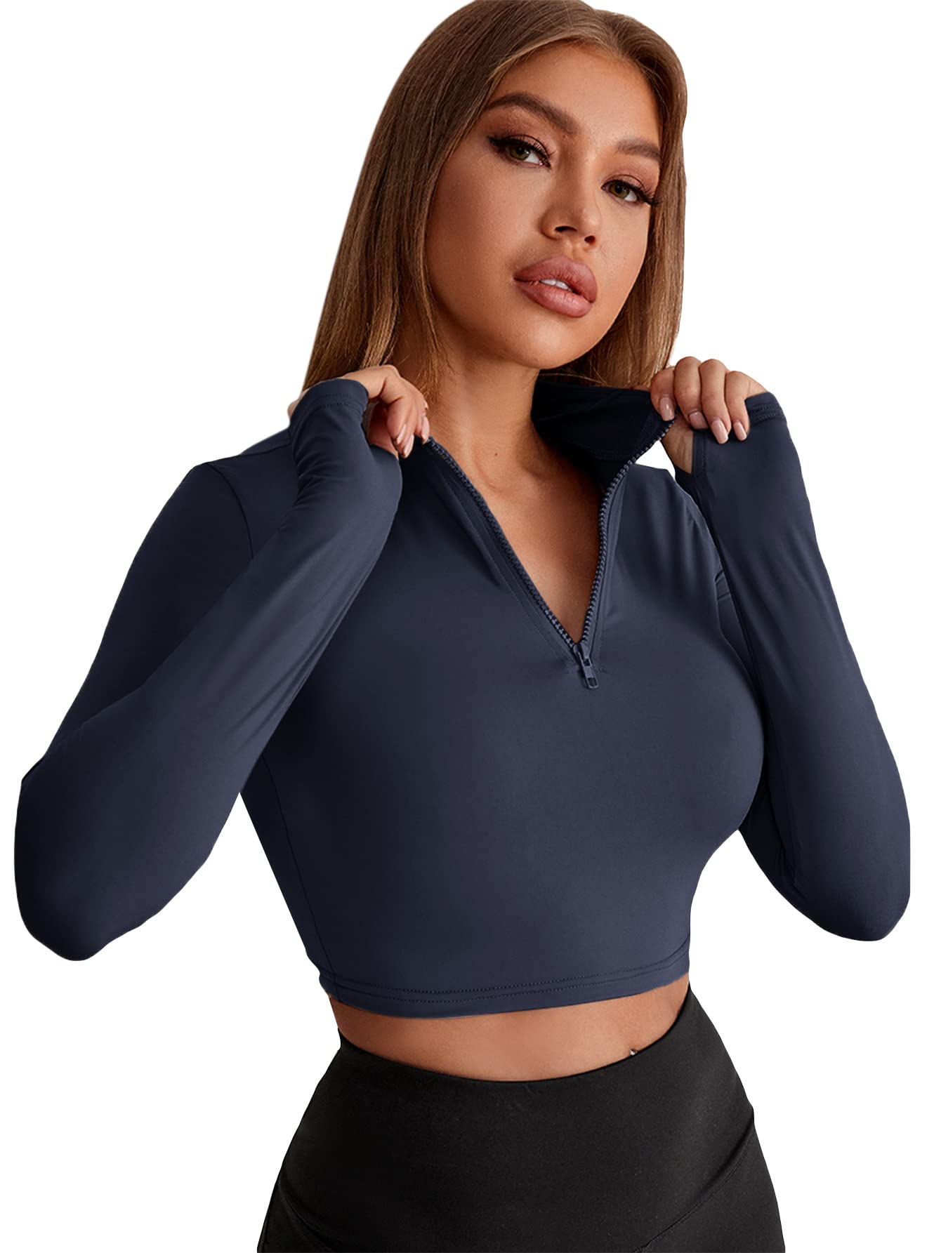 OYOANGLEWomen's Quick Drying Half Zipper Sports Sweatshirt Crop Top With Thumb Holes