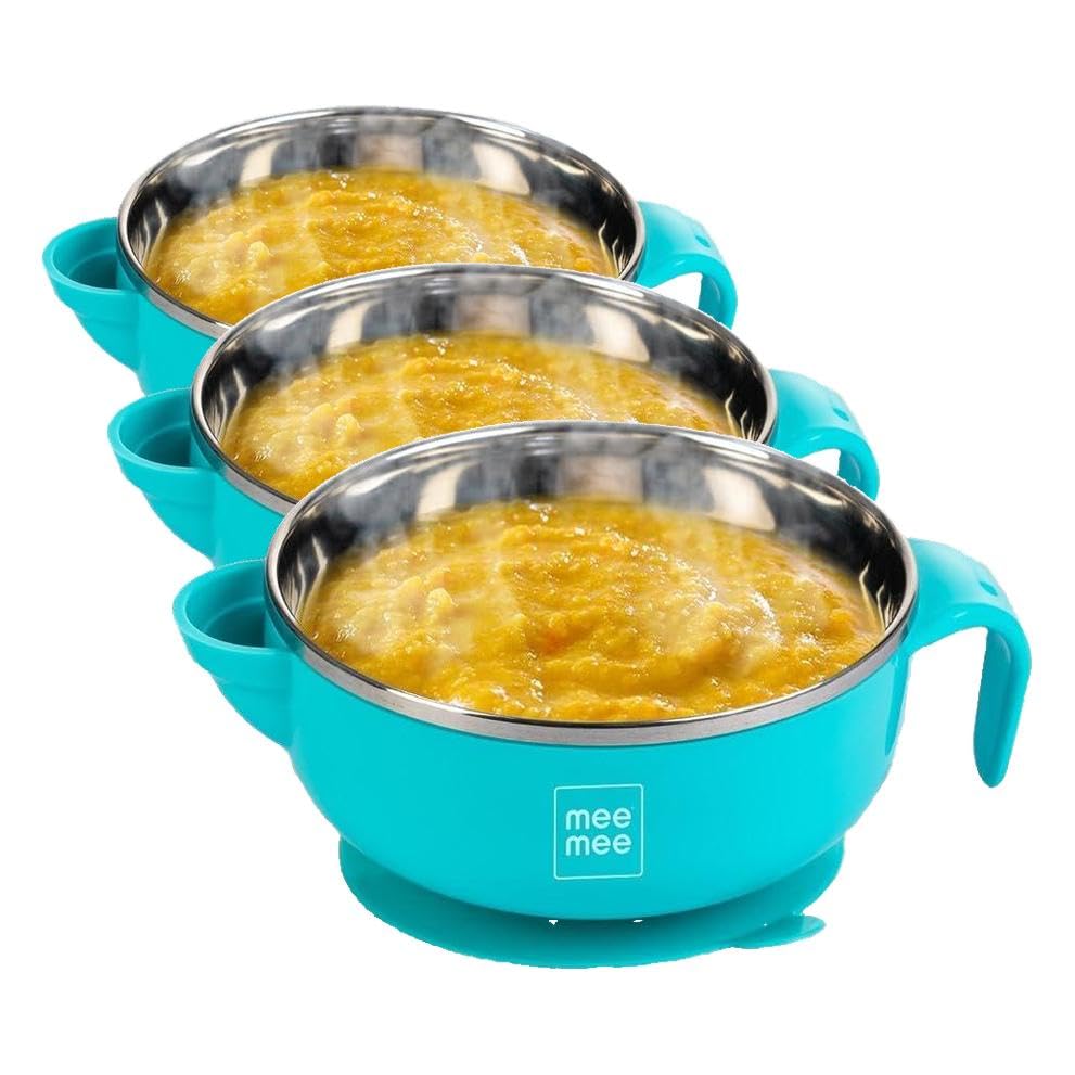 Image of Mee Mee Temperature Control Feeding Bowl with Lid | Silicone Suction Base | Keeps Food Warm 30 Min | Stainless Steel Inner Bowl | BPA-Free | 6+ Months | Airtight Lid | Travel-Friendly (Pack of 3)
