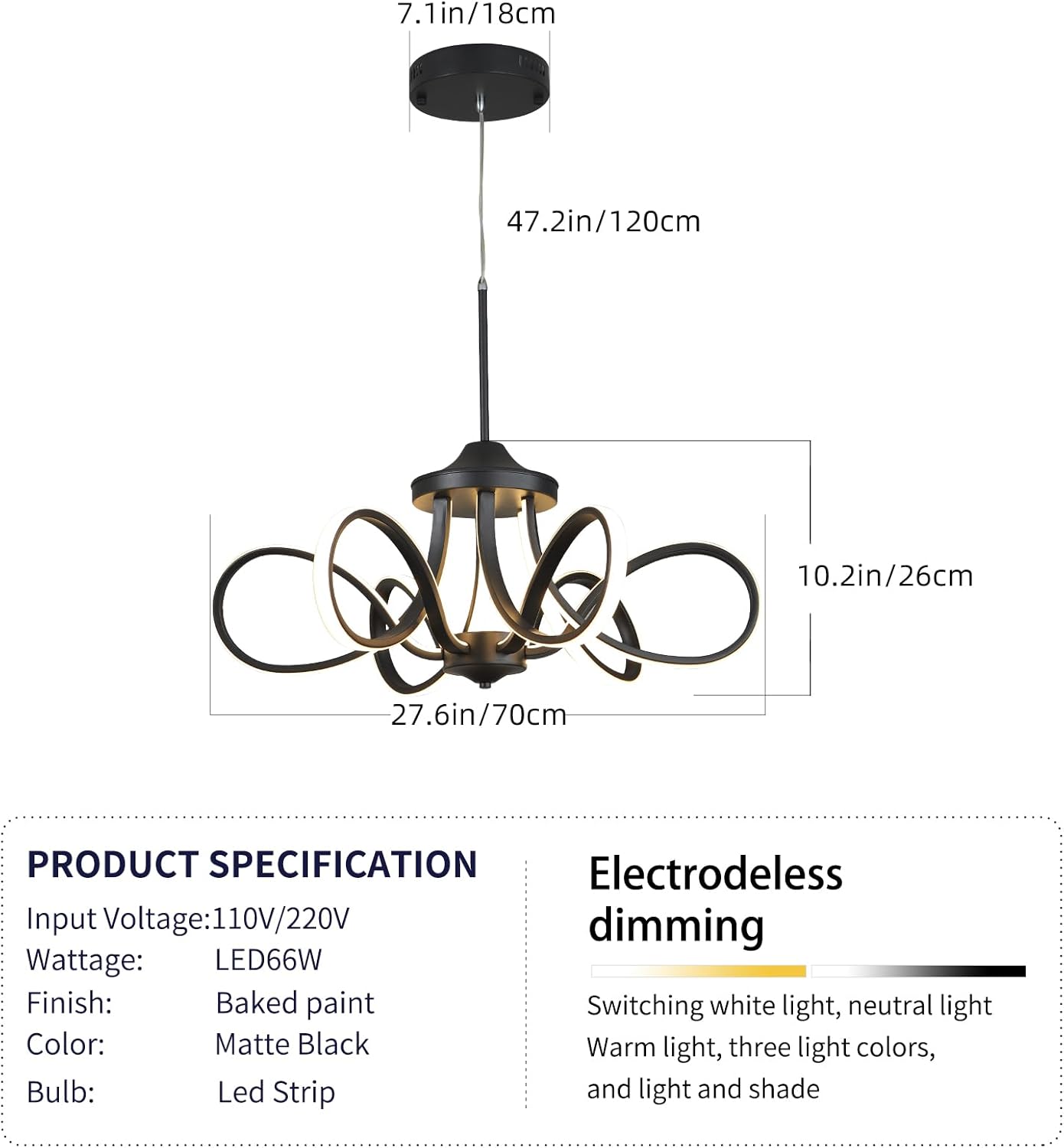 Chrome/Black LED Ceiling Light with Remote Control, Dimmable Lustre with 3 Color Temperature,6 Lights Chandelier for Dining Room (Black-Pendant-YF2805, Dia 27.6*H10.2 inch)