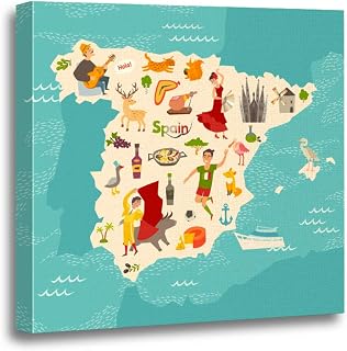 Ansouyi 12x12 Inches Canvas Wall Art Painting Spain Map of for Children Kid Cartoon Abstract Atlas Home Decorative Artwork Prints