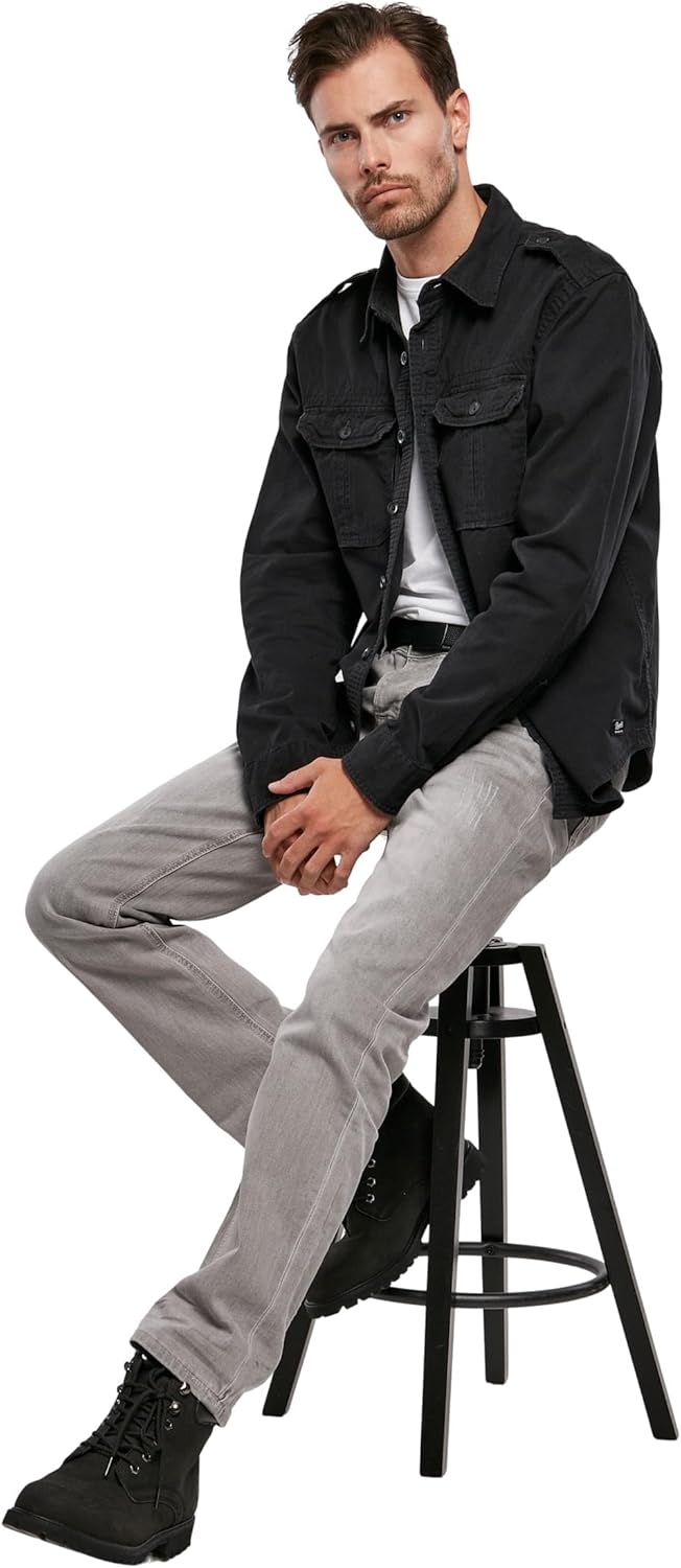 Brandit Individual Wear Men's Vintage Long Sleeve Shirt, with Button-Down Design, Front Pockets, Epaulettes, Raw Edges, Black - Large