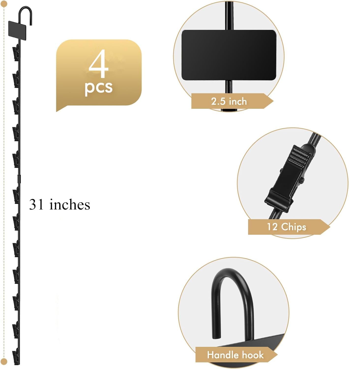 Hanging Merchandise Strips with Hooks, Pack of 4 – 31”Chip Rack with 12 Clips, Chips Holder, Hanging Display Strip for Retail Displaying (Black)