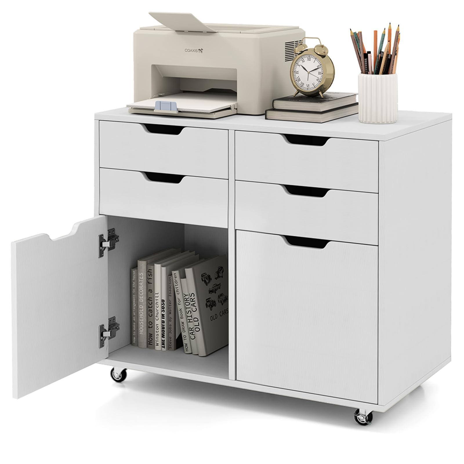 CASART Rolling File Cabinet, 4/5/7 Drawers Freestanding Storage Organizer Cupboard on Wheels, Home Office Lateral Filing Chest (4 Drawers + 2 Door, White)