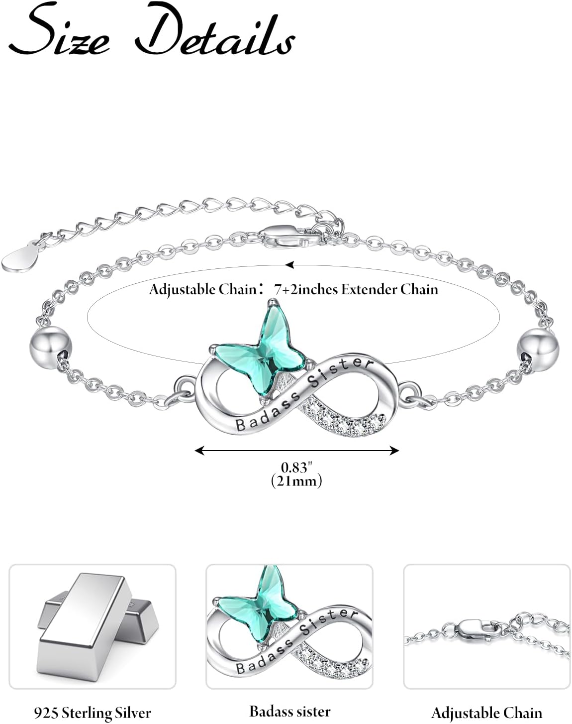 Palpitate Best Friend/Badass Sister Bestie Christmas Gifts for Women Friendship Gifts Bracelet 925 Sterling Silver Butterfly Bracelet for Friends Jewelry