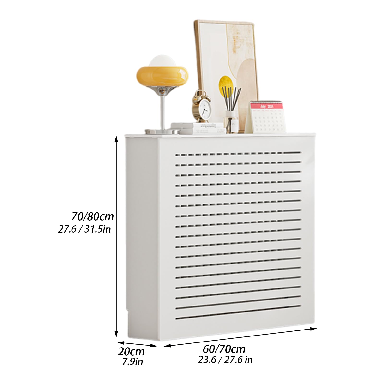 Moderno estante de madera para radiador, armario de calefacción con persianas blancas para sala de estar y oficina, 60 x 70 x 20 cm, elegante organizador de tuberías y desorden