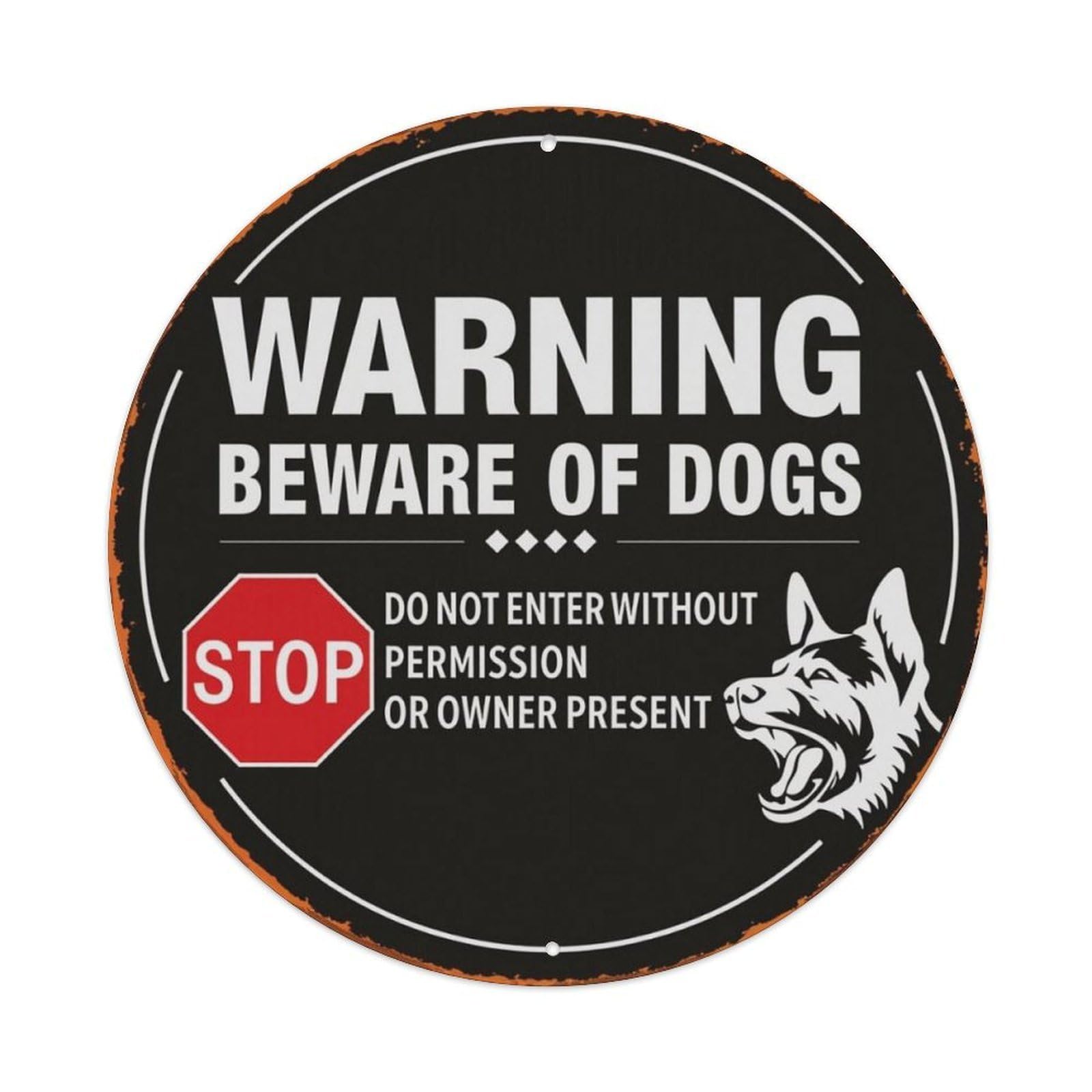 Black Vintage German Shepherd Beware Of Dogs Warning Round Decor Sign Vintage Aluminium Metal Sign, Retro Wall Decor for Home, Bar, Garage & Farmhouse 20x20cm