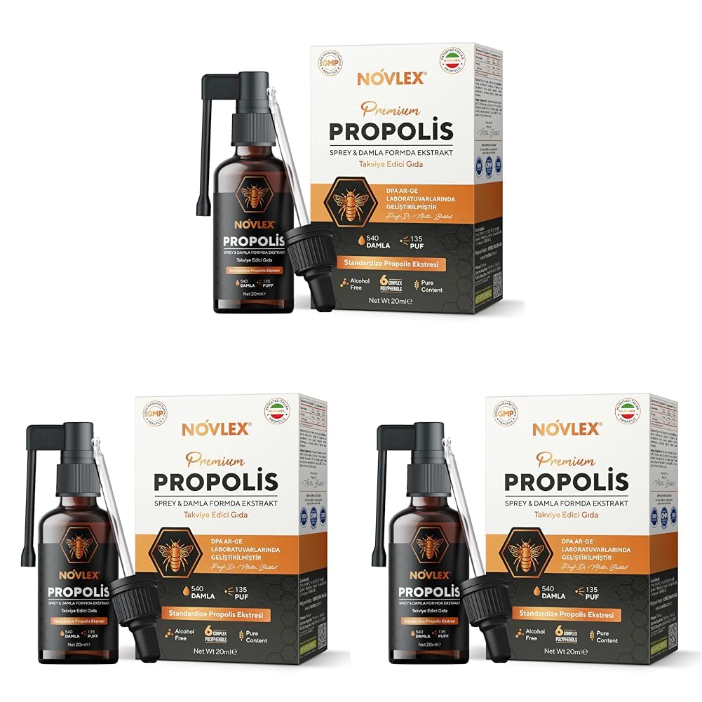 Novlex Propolis Ekstrakt (Su Bazlı-Alkolsüz) Nane Aromalı Sprey & Damla (540 damla) Takviye Edici Gıda 20ml (3 paketi)