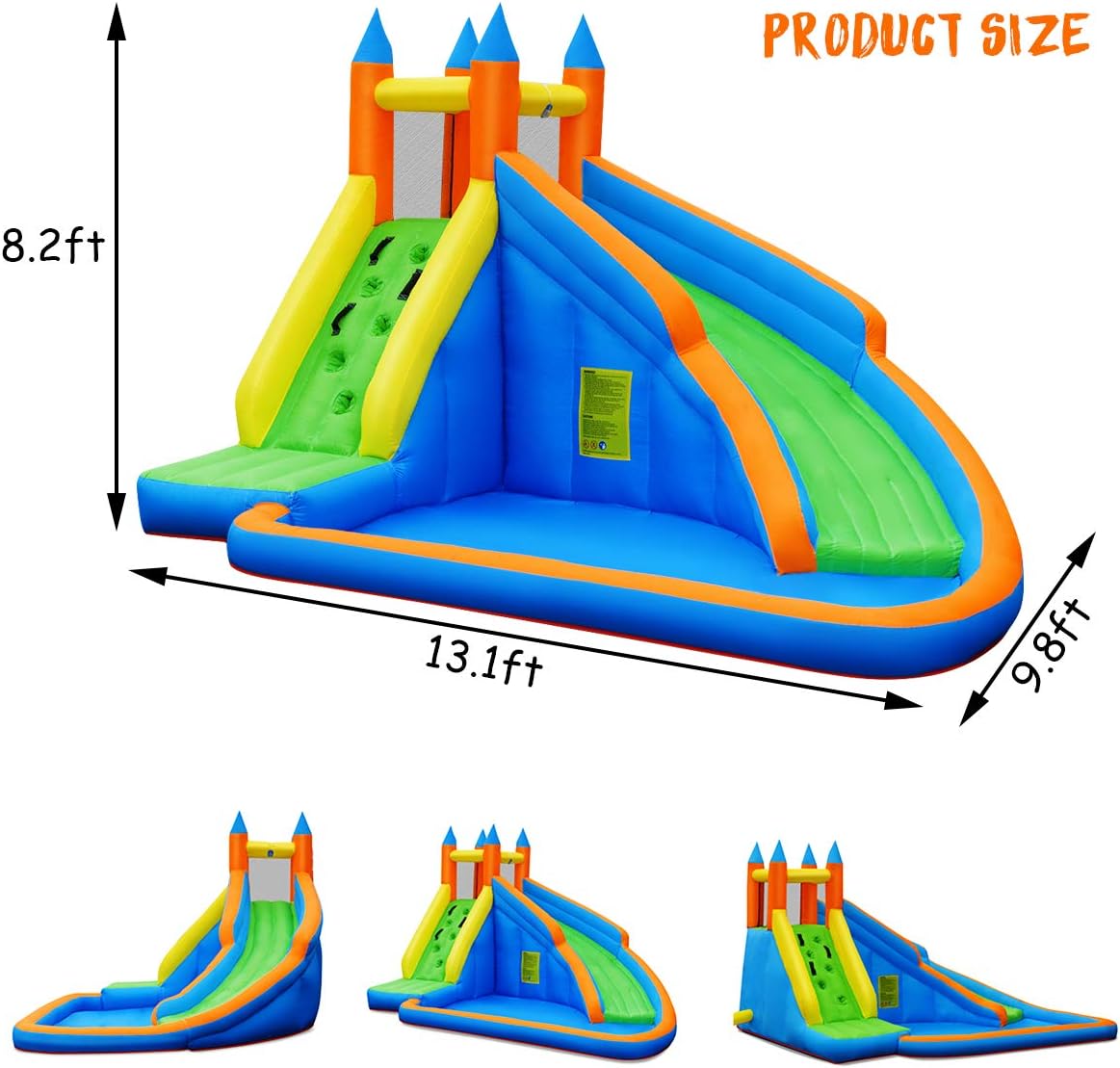 Dimensions del castell inflable GYMAX, que mostren l'alçada, l'amplada i la profunditat.