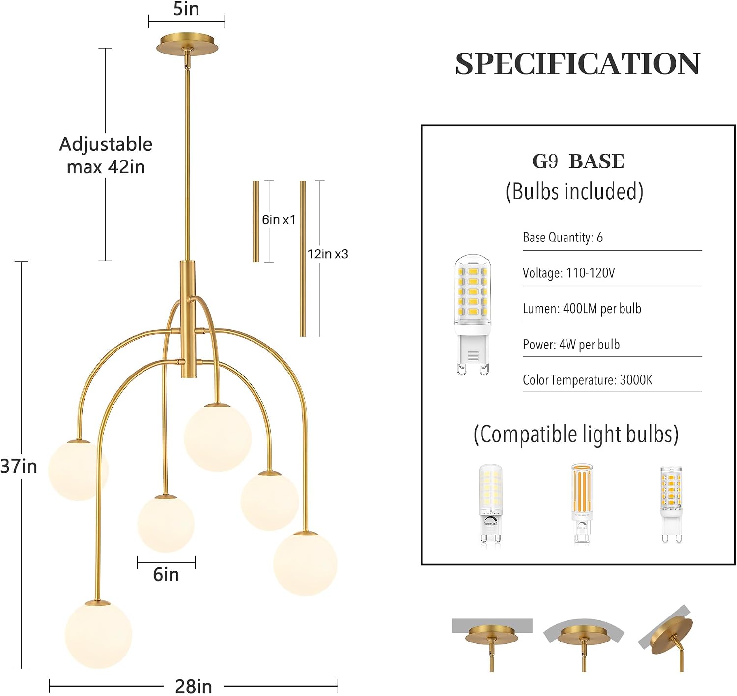 6-Lights Mid Century Modern Chandelier, Asymmetrical Brushed Gold Sputnik Pendant Light Fixture with Milk Glass Globe Shade for Dining Room Living Kitchen Island Entryway Foyer, Bulb Included