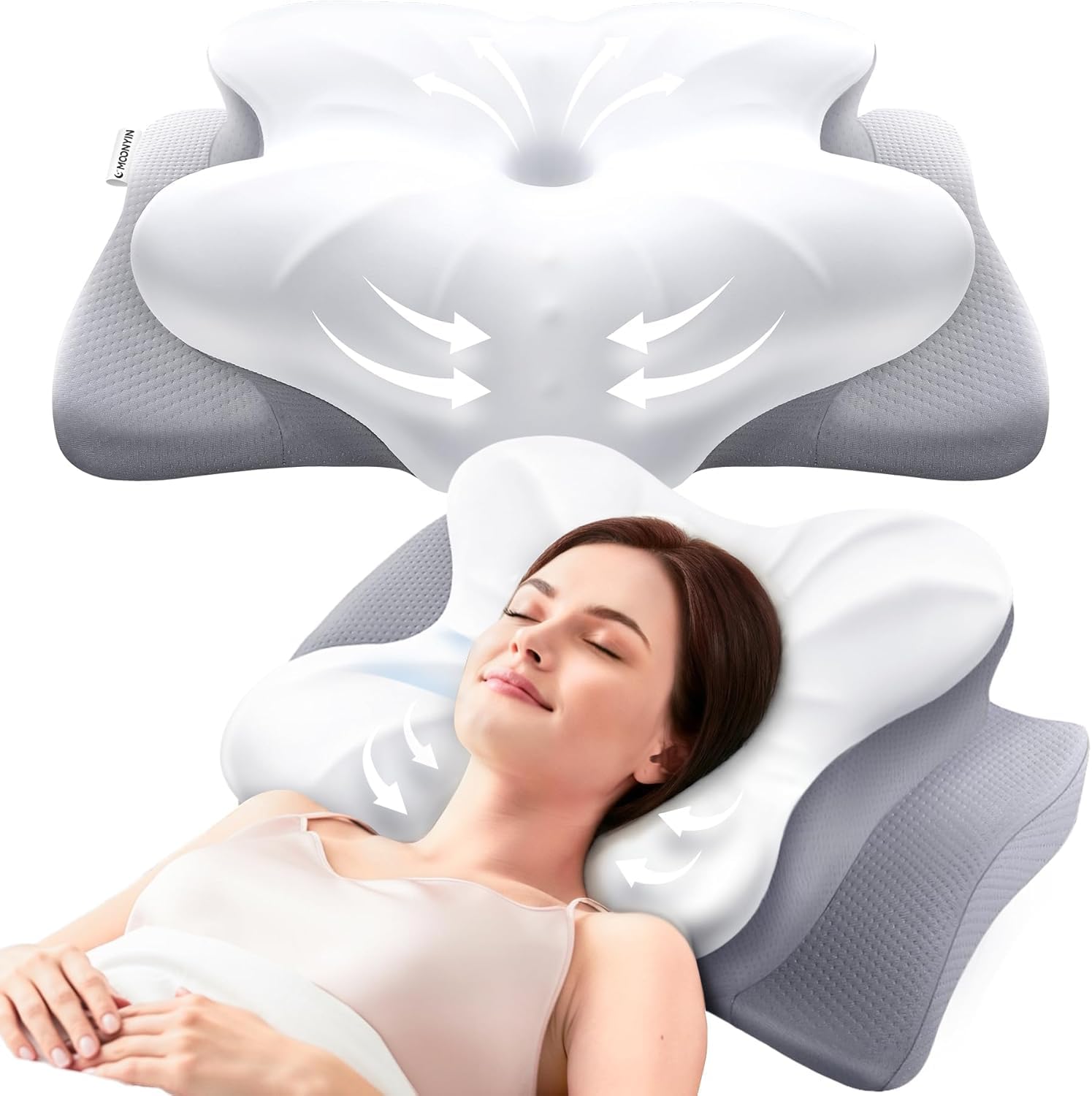 MOONYIN Cuscino Memory Foam per Dormire, Cuscino a Farfalla 3 in 1 | Cuscino Morbido e Confortevole per Dormire su Fianco, Schiena e Pancia, Federa Rinfrescante e Lavabile per Tutte le Notti