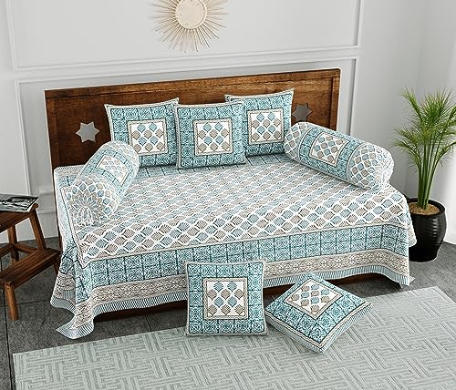 Image of BLOCKS OF INDIA 200Tc Diwan Set Cotton 8 Piece | Deewan Printed Bedsheet Sets For Living Room Hall (Set Of 8 Piece, 1-Bed Sheet | 2-Bolster Cover | 5-Cushion Cover (Color 20, Multicolor)
