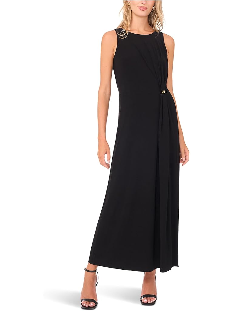 Black Vince Camuto Crew Neck Gathered Twist Maxi w/ Gold Trim Ring