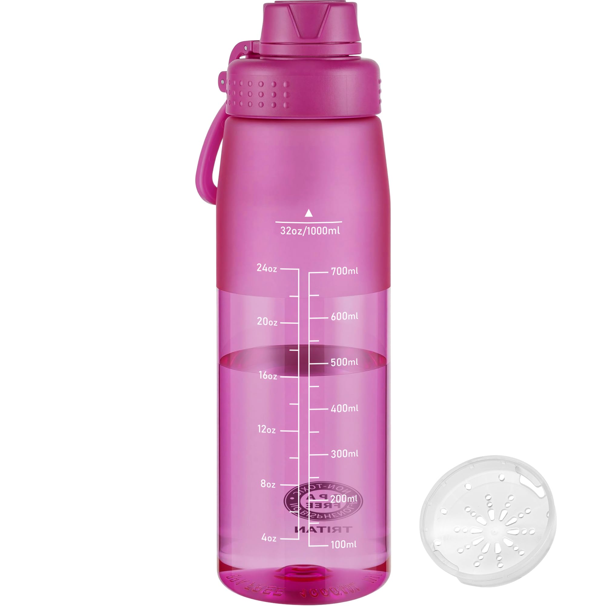 GOPPUS 1L/32oz Clear Tritan Water Bottle with Screw Lid, Drinks Bottle with Wide Mouth, Fruit Infuser, Leakproof, BPA Free, Carry Handle, Measurement Markings, Dust Cap (Hot Pink) — image 1