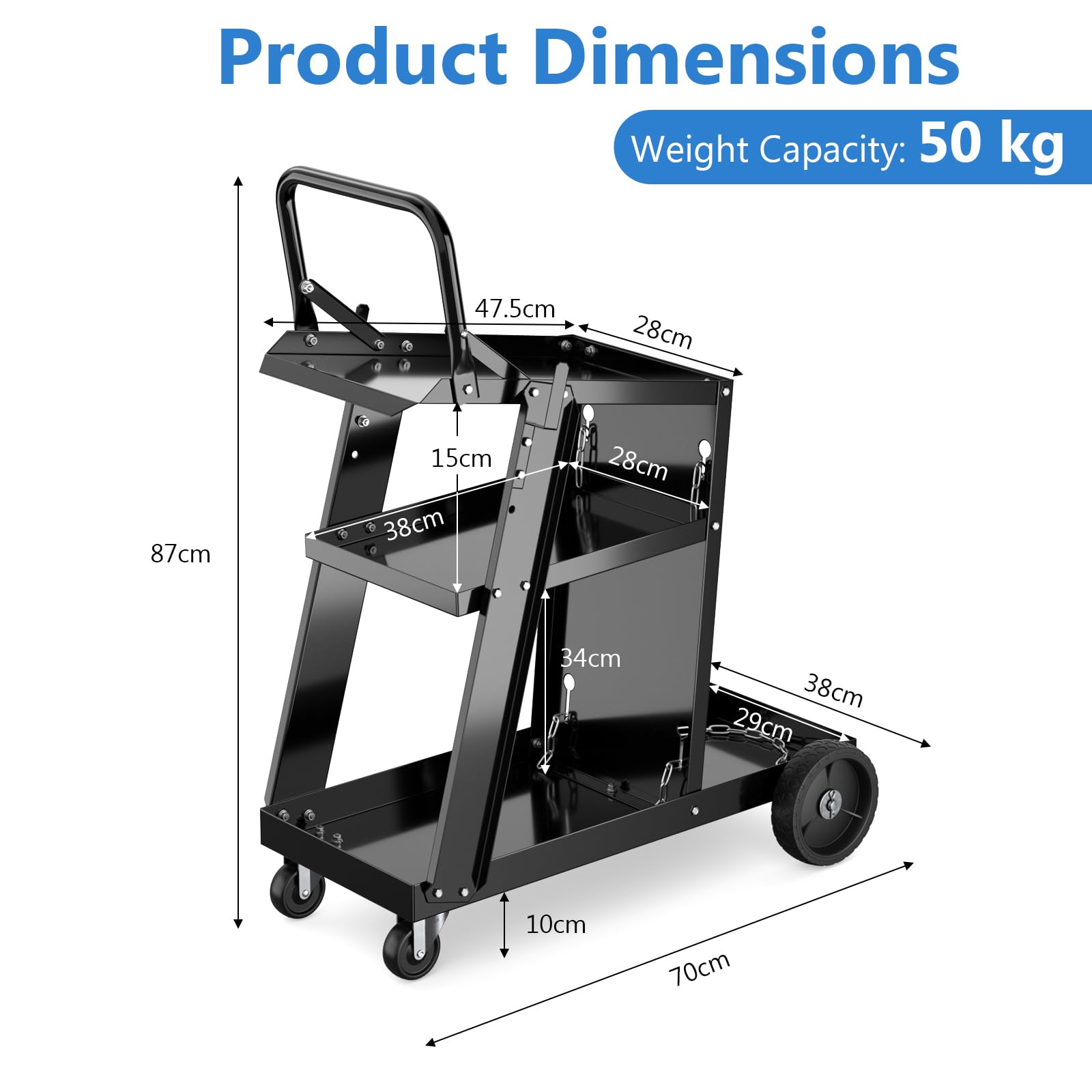 SOARS - Carro de taller para almacenamiento de herramientas de 3 niveles, con 2 cadenas de seguridad y bandeja inferior, 2 ganchos laterales, carga 50 kg, 70 x 38 x 87 cm, para taller, garaje