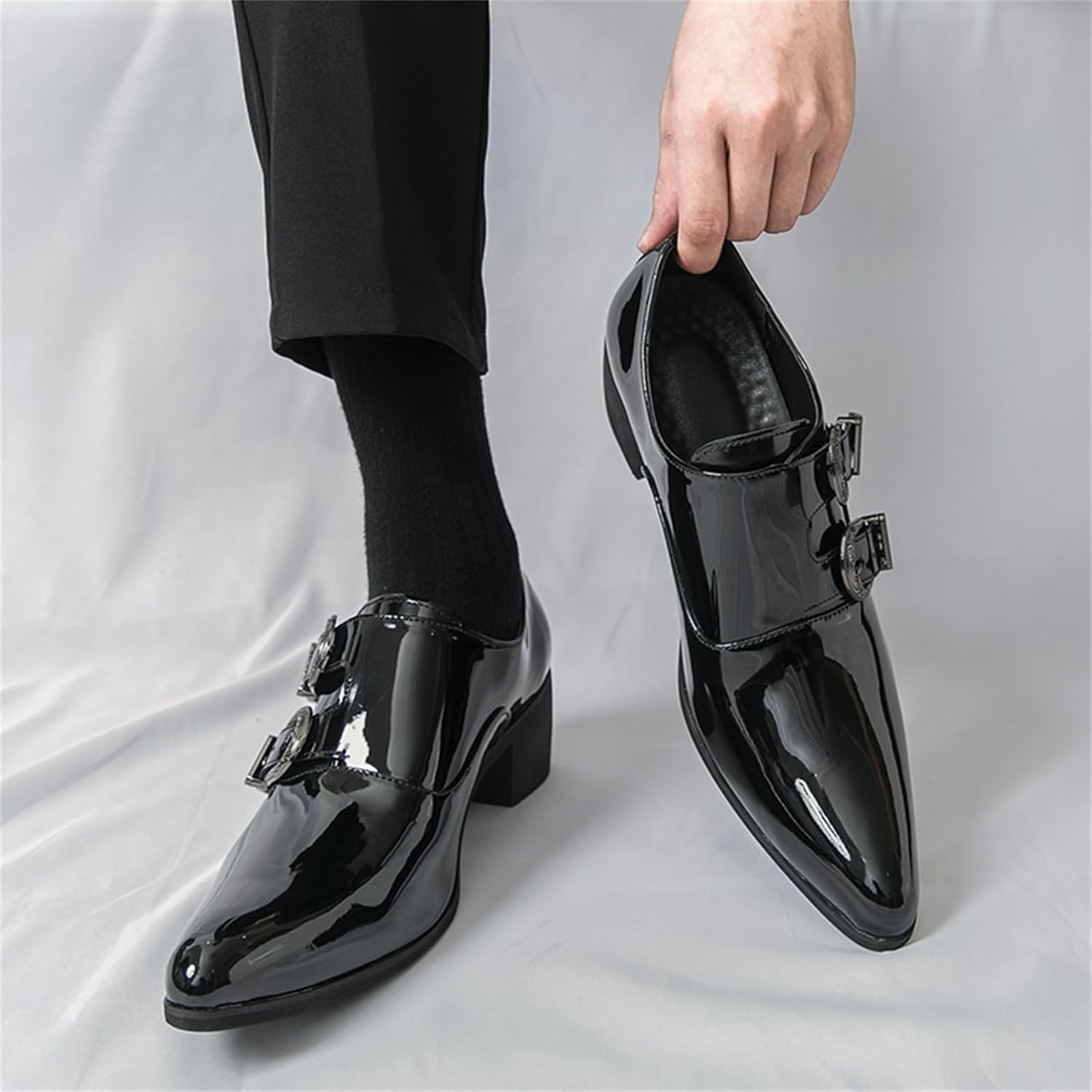 Men's Leather Embossed Slip-On Loafers Fashion Pointed Toe Block High Heel Belt Buckle Deraction Comfortable Business Casual Shoes for Daily Work Activities Party Wedding