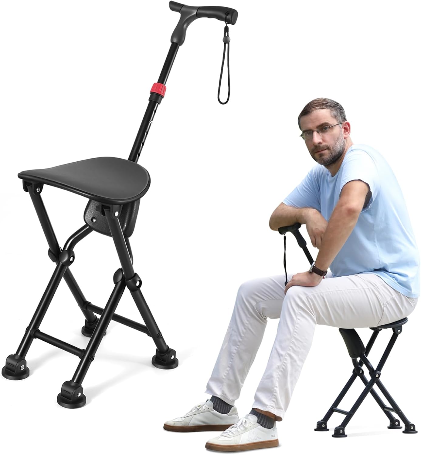 Hold 400 lbs Folding Canes with Seat, Allows Durability While Walking and Convenience for Sitting, Aluminum Portable Anti-Slip Cane Seat, Height-Adjustable Walking Cane.?Black -Four Legged?