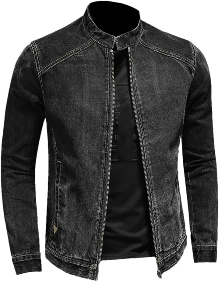 Fashion Trend Zipper Motorcycle Denim Jacket Men's Lapel Vintage Denim Jacket