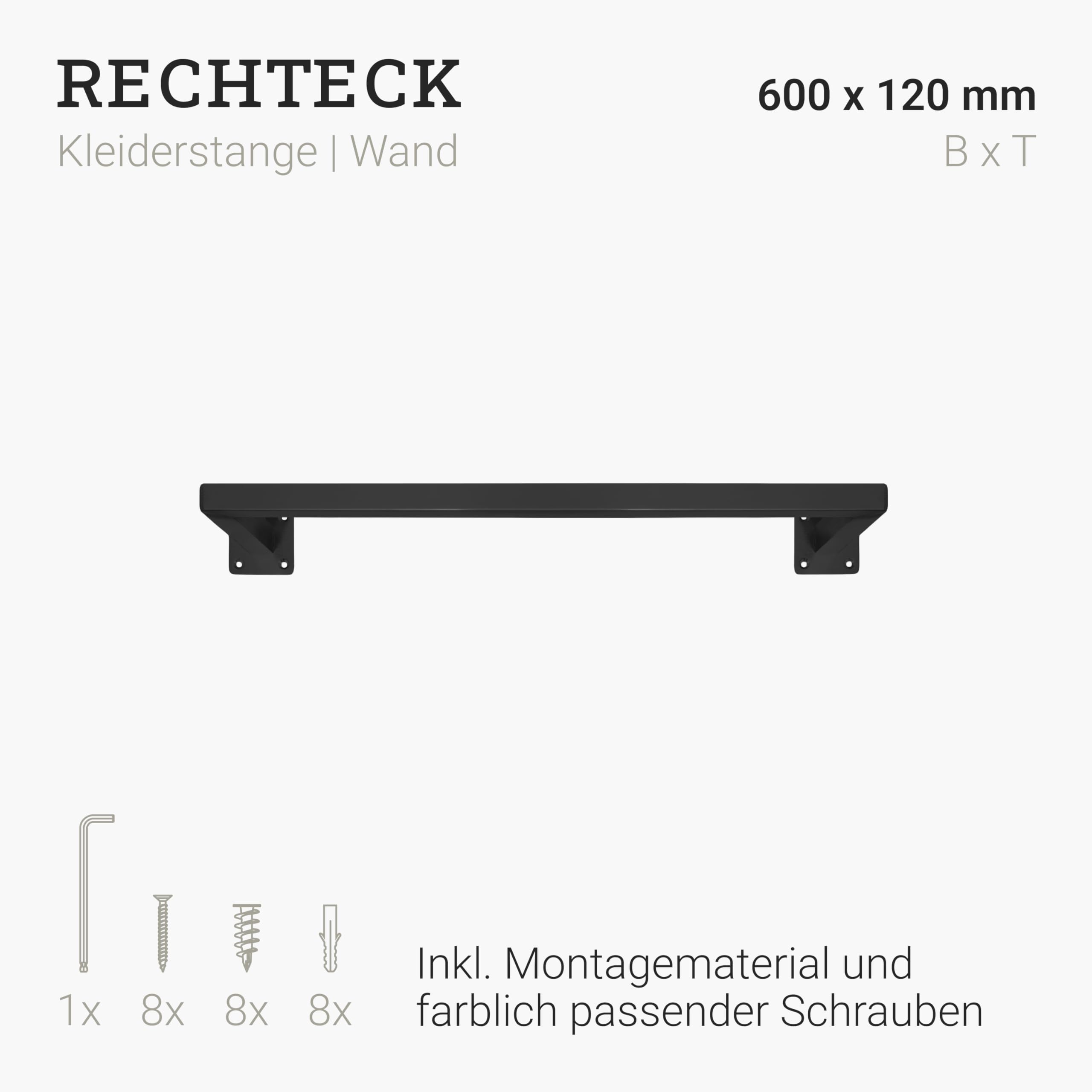 Natural Goods Berlin 1x Kleider-Stange RECHTECK | Einfache Wand-Montage | Kleider-Stangen aus Metall in Schwarz | Wand-Garderobe 60x12 cm