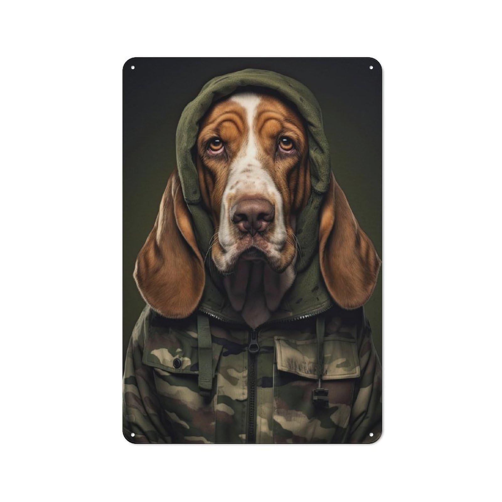 Junmoney Basset Hound Camo Jacket Rustic Metal Wall Sign 30X20cm For Home Office Or Studio, For Garage, Workshop And Man Cave Decoration