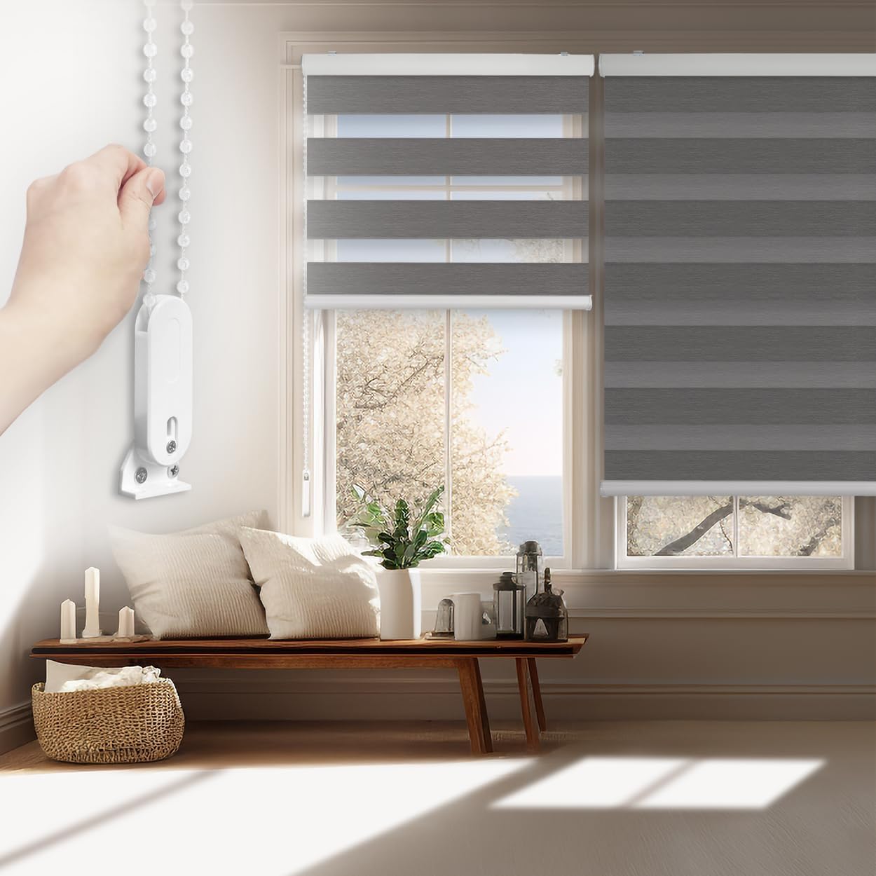 FOIRESOFT Custom Blackout Zebra Roller Blinds [Bonita, Dark Grey, W 10-109 x H 10-105 inch] Dual Layer Privacy Shade, Room Darkening, Select 1x1 for Custom