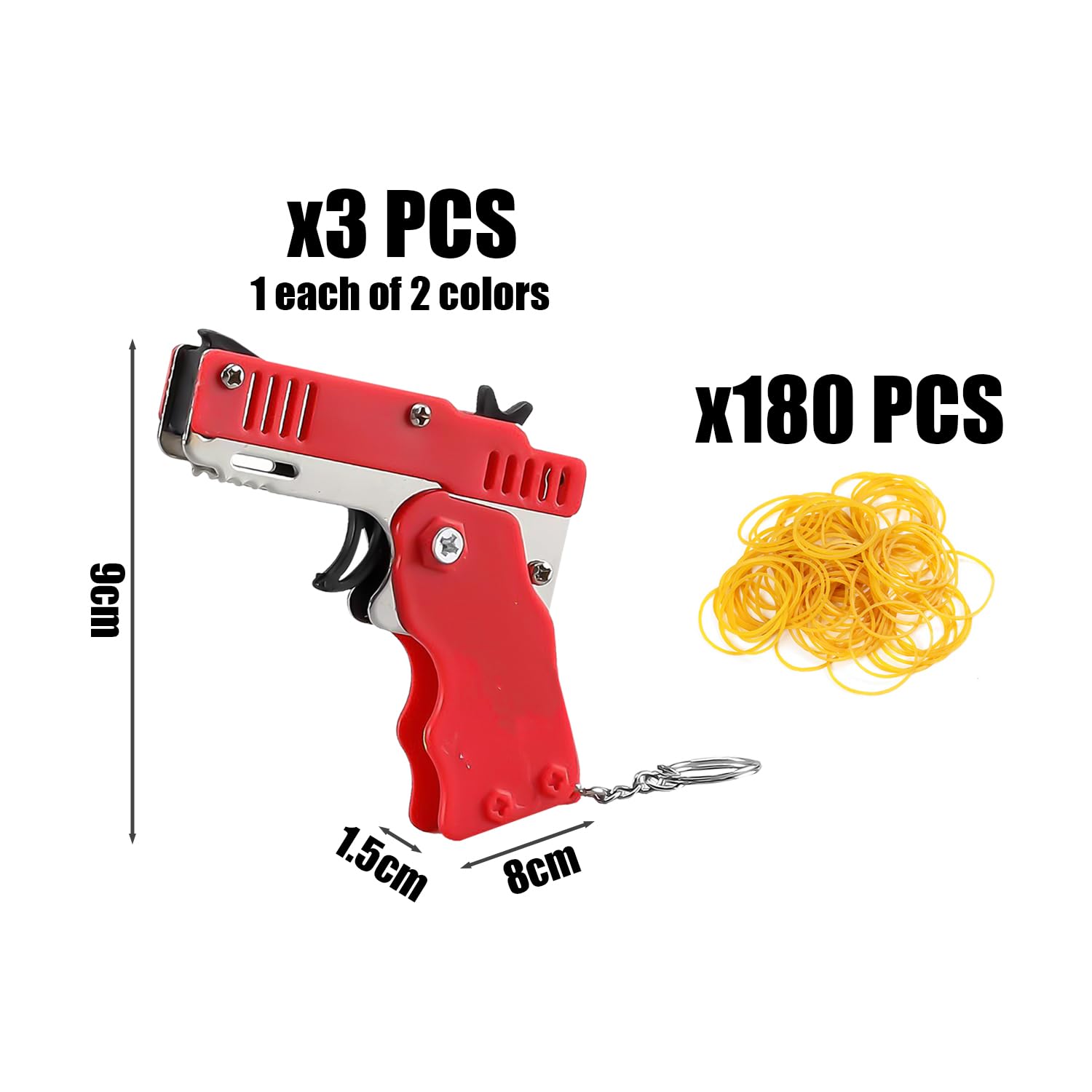 Pistolet gumowy z 180 gumowymi taśmami, składany pistolet zabawkowy, gumowy pistolet zabawkowy, metalowy brelok do kluczy, wisiorek, odpowiedni dla dzieci i dorosłych (czerwony, czarny)