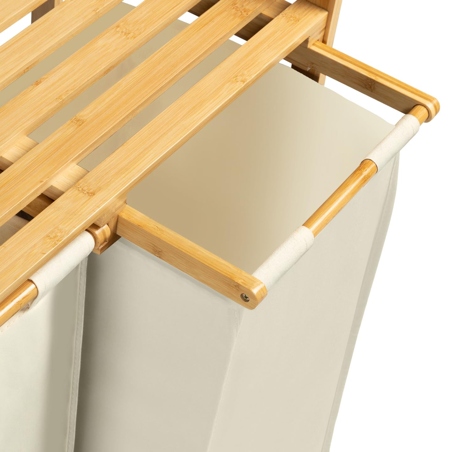 Panier à Linge 2 Bacs Bambou IDMarket - Tissu Écru Élégant, Étagère Et Poignées Pour Salle De Bain Ou Buanderie