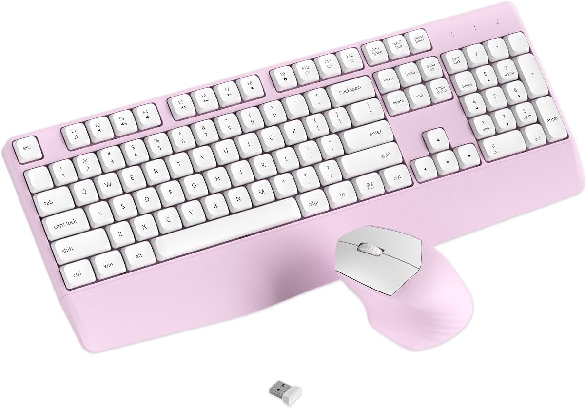 Wireless Keyboard and Mouse Combo, Ergonomic Keyboard with Wrist Rest, 2.4Ghz Wireless Connection, Compatible with PC/Laptop/Windows/Mac for Home and Office Use (White Pink)