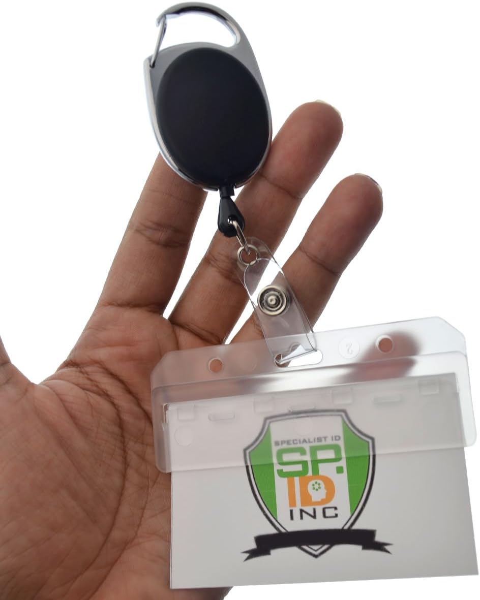 5 Pack - Premium Carabiner Badge Reel with Half Card Holder - Mag Stripe Exposed ID Holder for Swipe Cards Access Control POS Retractable by Specialist ID (Black)