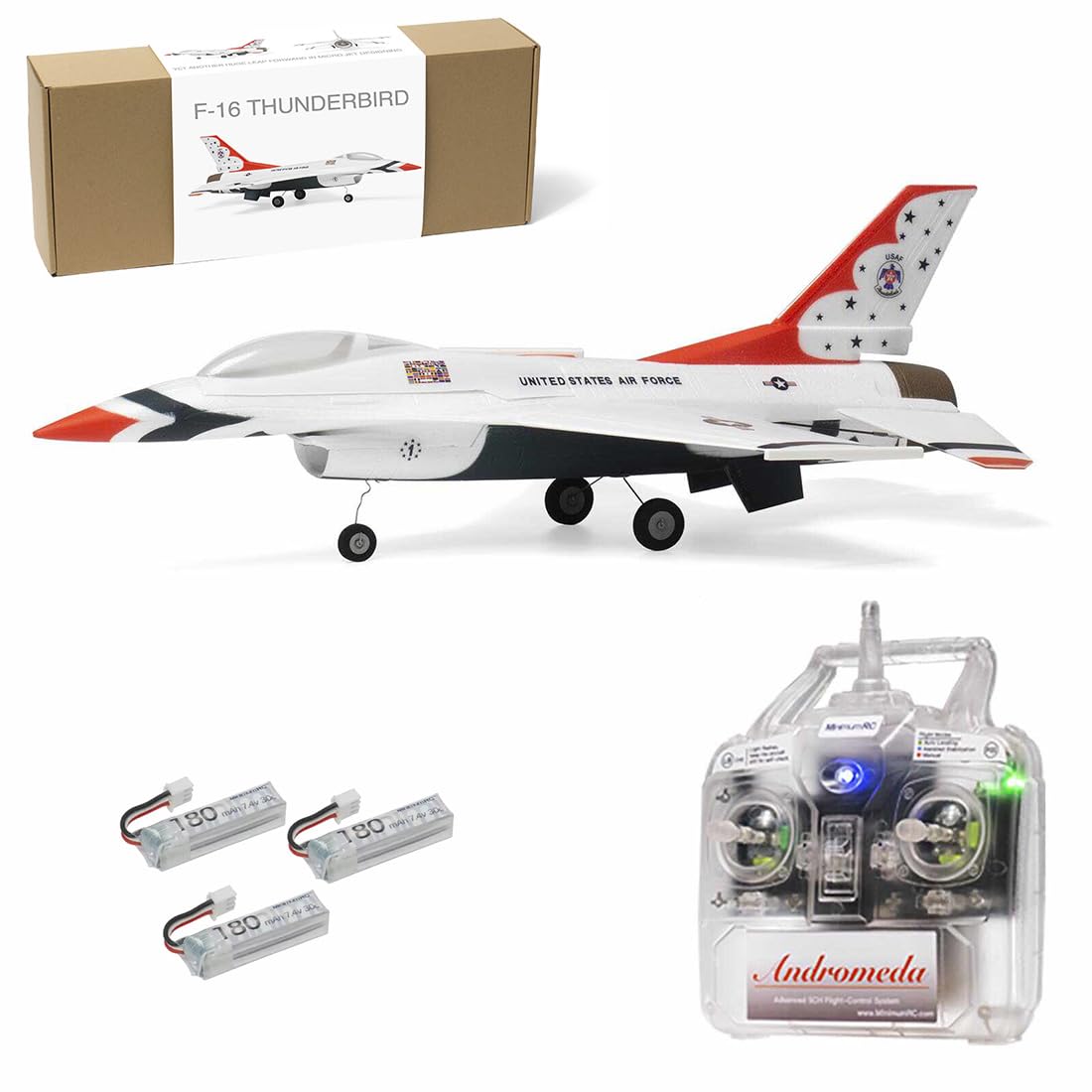MinimumRC F-16 Thunder-Birds EDF RC Jet, 290mm Wingspan 30mm Ducted Fan Delta Wing Mixing RC Airplane with Gyro Stabilization (Left-hand/Brushless motor/3 Battery)