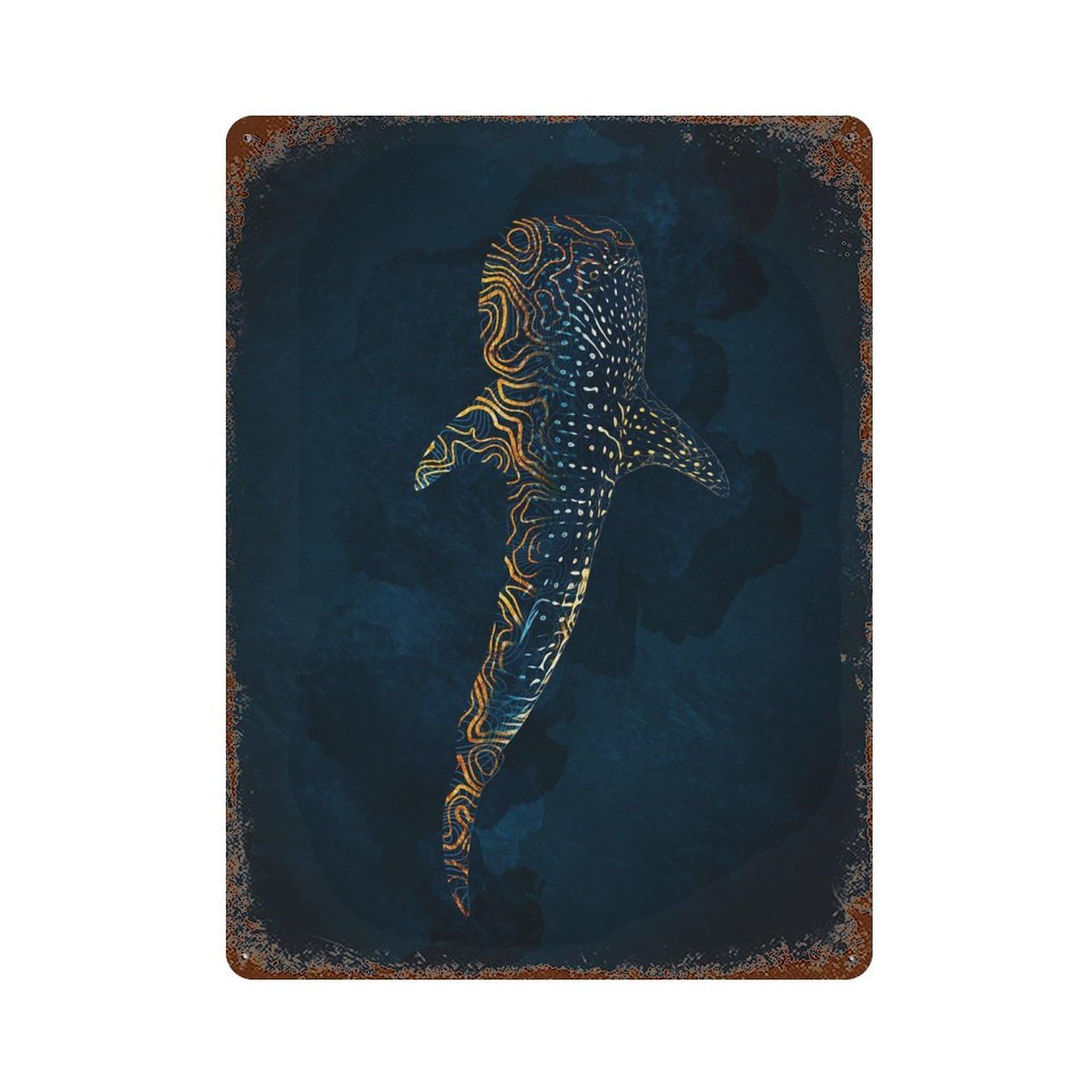 Whale Shark in Gold Rust Effect Tin Sign 15.7"x11.8", Old School Wall Decor for Living Room, Hallway And Home Decor