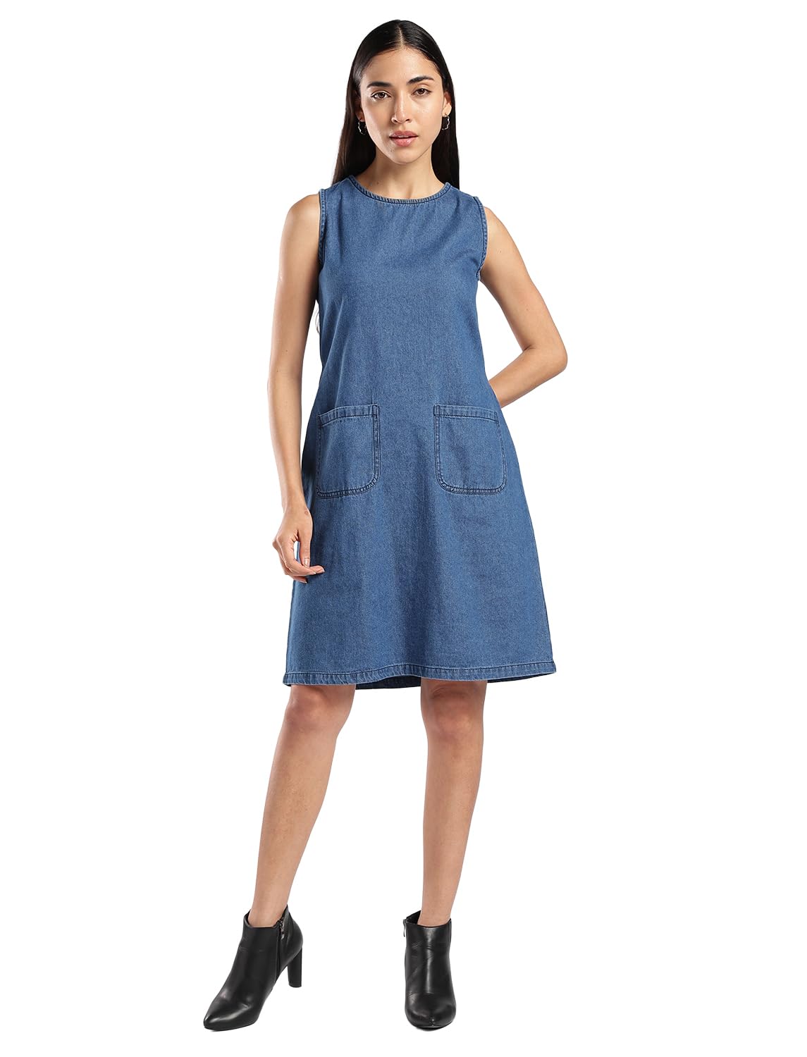 inkd Women's Sleeveless Denim Dress - 100% Cotton | One Piece Dress for Women | Frock for Woman | Adjustable Waist | Double Patch Pockets-picture-13