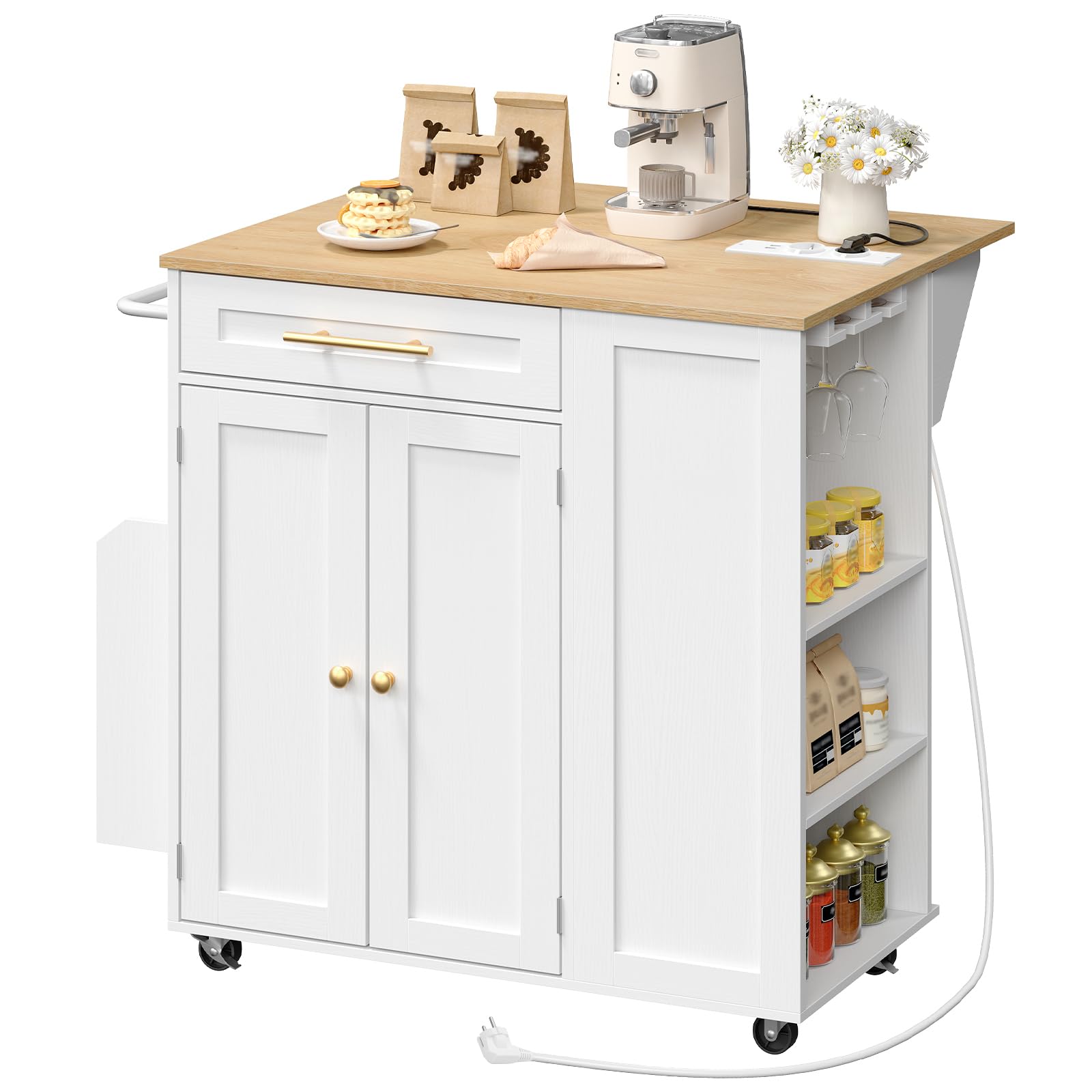 Kücheninsel mit Drop Leaf, Mobiler Küchenwagen mit Ladestation, 2 feststellbaren Rollen, verstellbarem Regal und Schublade, für kleine Räume, Weiß und Holzfarbe