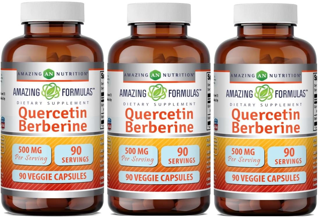 Amazing Formulas Quercetin Berberine | 250 mg Berberine and 250 mg Quercetin | Veggie Capsules Supplement | Non-GMO | Gluten Free | Made in USA (90 | 3 Pack) Unflavored, 90 Count (3 Pack)