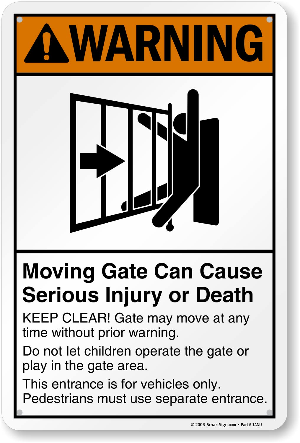 SmartSign 18 x 12 inch “Warning - Moving Gate Can Cause Injury Or Death” Metal Sign, 63 mil Laminated Rustproof Aluminum, Black, White and Orange, Made in USA