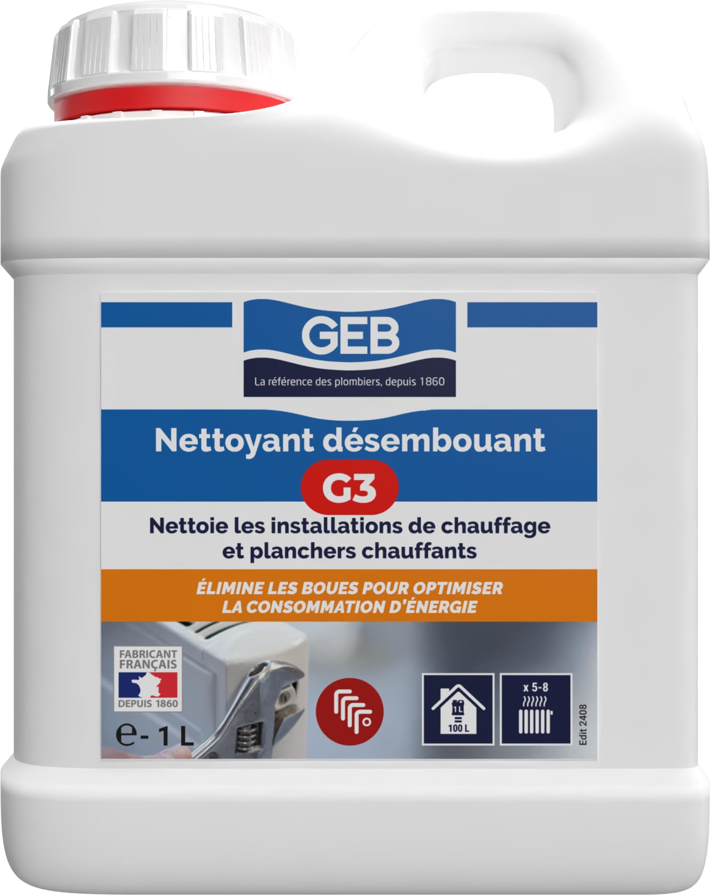 GEB Chauffage - Nettoyant Désembouant G3, Permet de nettoyer les installations de chauffage et planchers chauffants - 1 litre